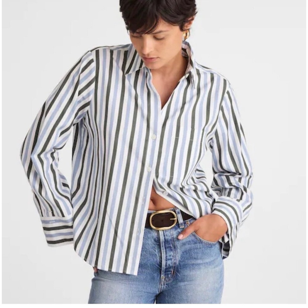 Madewell Signature Poplin Oversized Shirt Striped Olive Blue M NW713 FA25
